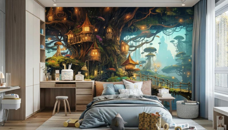 May include: A wall mural featuring a fantasy forest scene with illuminated treehouses, glowing lanterns, and large mushroom-like structures. The artwork displays a dark, detailed woodland environment with wooden bridges connecting the dwellings.