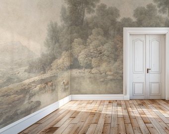 Watercolor Cow Landscape Wall Mural - Rustic Farmhouse Wallpaper