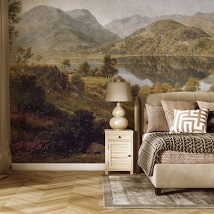 Rural painting wall mural, vinyl classic or removable wallpaper,  Landscape vintage, Scene wallpaper, Wall art, Scenic painting, Mountains.