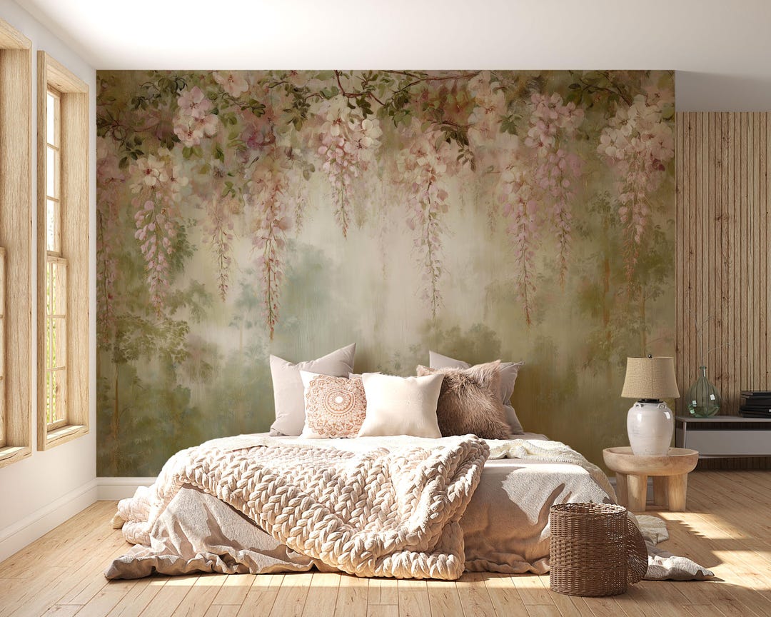 Romantic Pink Blossom Wall Mural – Hanging Floral Branches Wallpaper ...