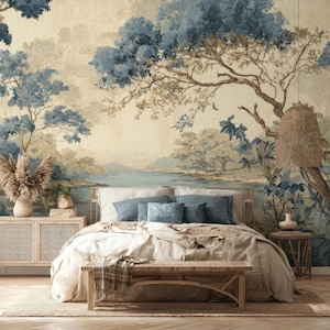 Hamptons Blue Beige Wallpaper Mural, Peel and Stick or Vinyl, Coastal Wall Decor