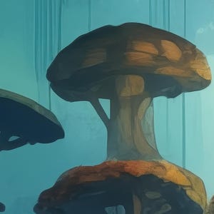 May include: A digital illustration of two brown mushrooms with wide, rounded caps and thick stalks. The mushrooms are set against a solid, muted teal background with vertical, light-colored streaks that create a subtle, textured effect throughout.