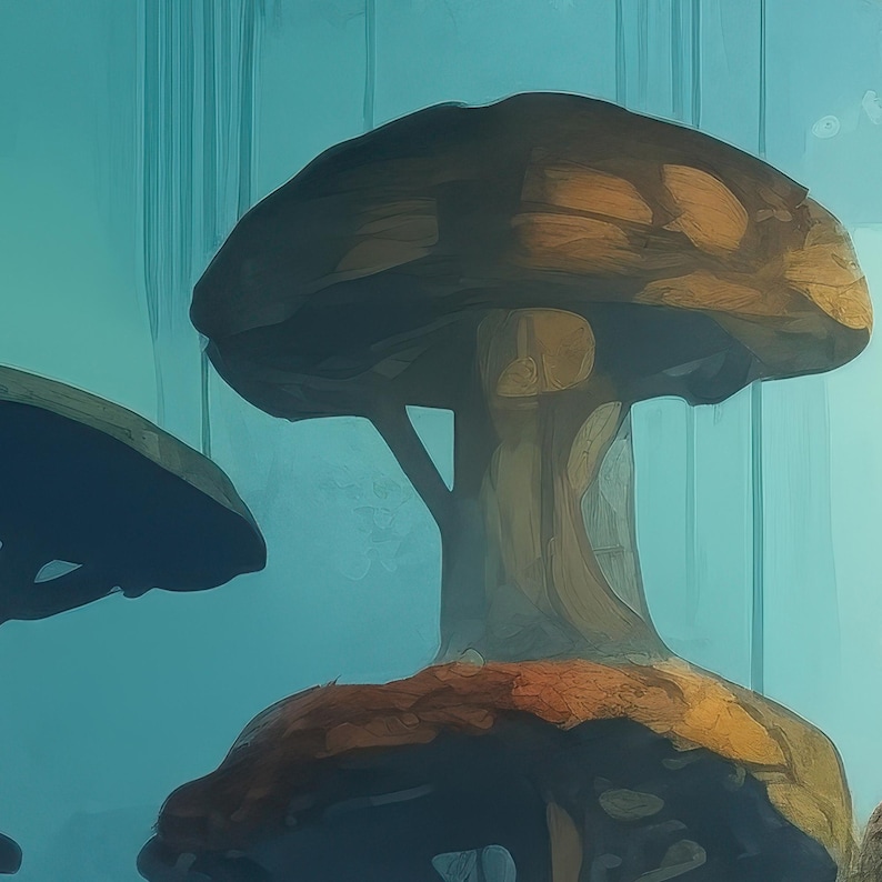 May include: A digital illustration of two brown mushrooms with wide, rounded caps and thick stalks. The mushrooms are set against a solid, muted teal background with vertical, light-colored streaks that create a subtle, textured effect throughout.
