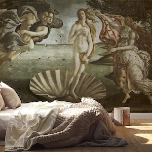 Vintage Painted WALLPAPER  MURAL. Renaissance painting, Botticelli, The Birth of Venus. Self adhesive, removable wallpaper.