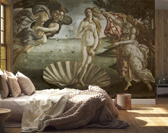 Vintage Painted WALLPAPER  MURAL. Renaissance painting, Botticelli, The Birth of Venus. Self adhesive, removable wallpaper.