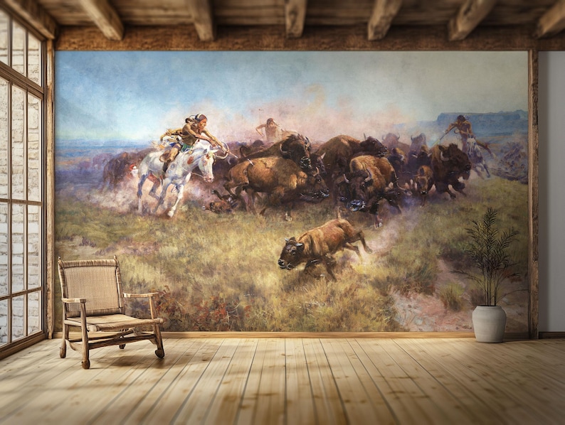 Western Buffalo Hunt Wallpaper Mural: Retro Native American Scene - Etsy