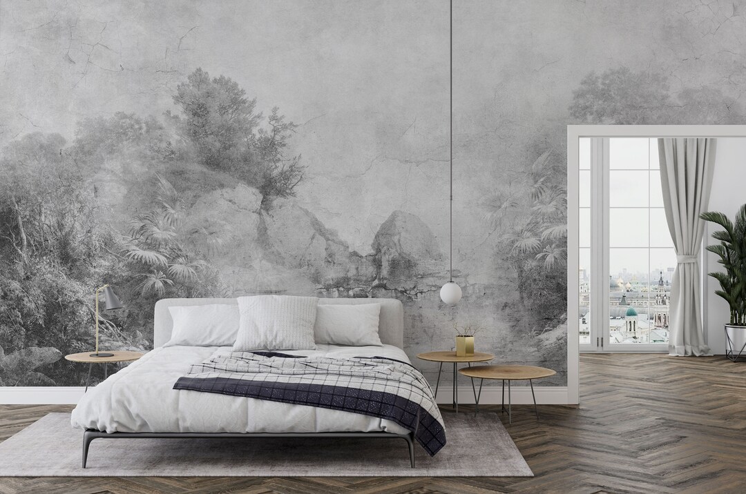 Vintage Black and White WALLPAPER, Textured MURAL. Vinyl Scenic