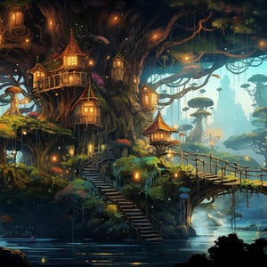 May include: A digital illustration of a large treehouse complex built into a massive tree, featuring multiple wooden structures with glowing windows, connected by staircases and a bridge over a dark body of water, surrounded by giant mushrooms.