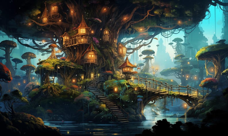 May include: A digital illustration of a large treehouse complex built into a massive tree, featuring multiple wooden structures with glowing windows, connected by staircases and a bridge over a dark body of water, surrounded by giant mushrooms.