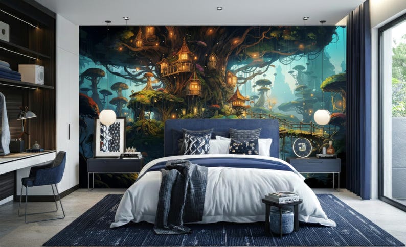 Magic Forest Wallpaper Mural – Storybook Treehouse, Kids Room (Peel & Stick) image 8