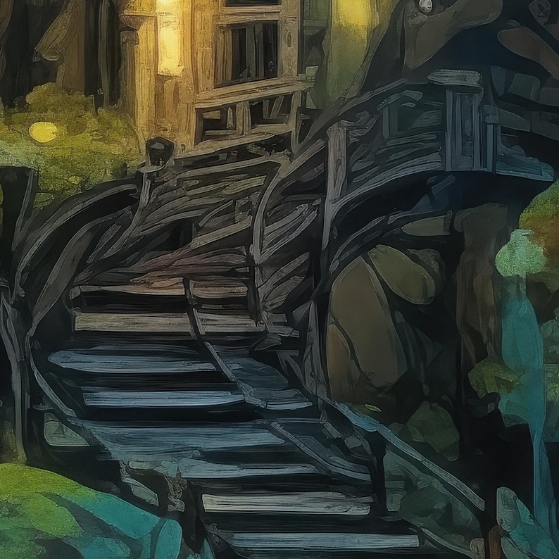 May include: A dark, winding wooden staircase curves upward, featuring weathered planks and a curved railing. The scene is illuminated by a soft, warm yellow light emanating from an upper structure, contrasting with deep shadows and muted green tones.