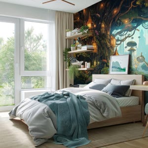 May include: A bedroom featuring a light wood bed frame with a white duvet and a teal throw blanket. A large wall mural depicts a fantasy forest with glowing lanterns. A wooden desk with a chair, floating shelves, and framed wall art are present.