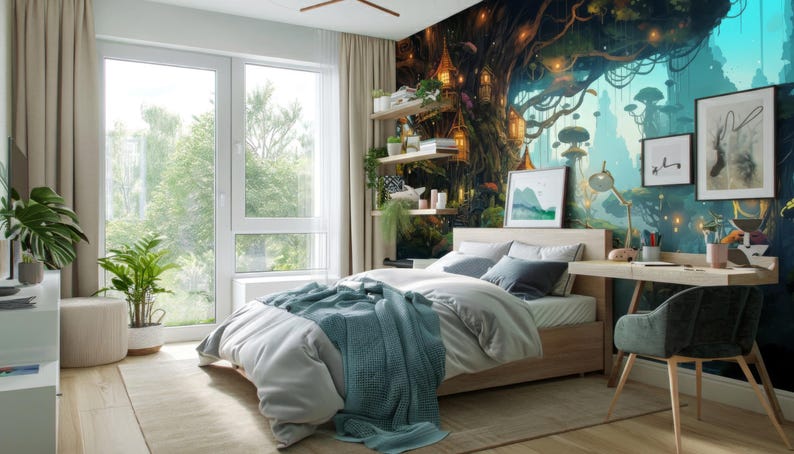 May include: A bedroom featuring a light wood bed frame with a white duvet and a teal throw blanket. A large wall mural depicts a fantasy forest with glowing lanterns. A wooden desk with a chair, floating shelves, and framed wall art are present.
