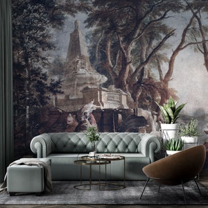 Landscape MURAL, Vintage Scenic WALLPAPER. Forest, trees Vinyl painted wallpaper with texture. Self adhesive, removable wall decor.
