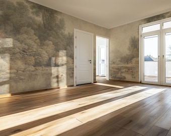 May include: A room featuring light brown hardwood flooring and walls covered in a sepia-toned mural depicting a landscape with trees, rocks, and figures. A white door is centered on the wall, and a glass-paned door leads to an outdoor area.