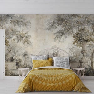 Light, green, beige vintage Landscape Wallpaper, Wall Mural with Trees, Neutral Nature Decor. Peel & stick or vinyl wallpaper.