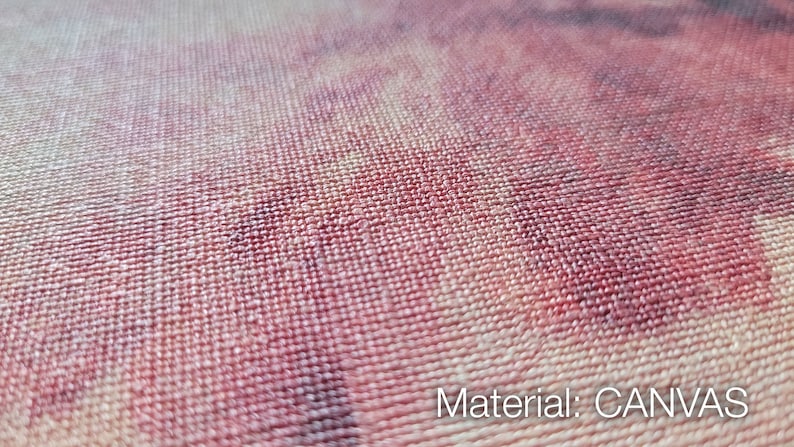 May include: A close-up view of a woven canvas fabric featuring a textured surface with a printed pattern in shades of deep red, purple, and cream. The text "Material: CANVAS" is clearly visible in the bottom right corner of the image.