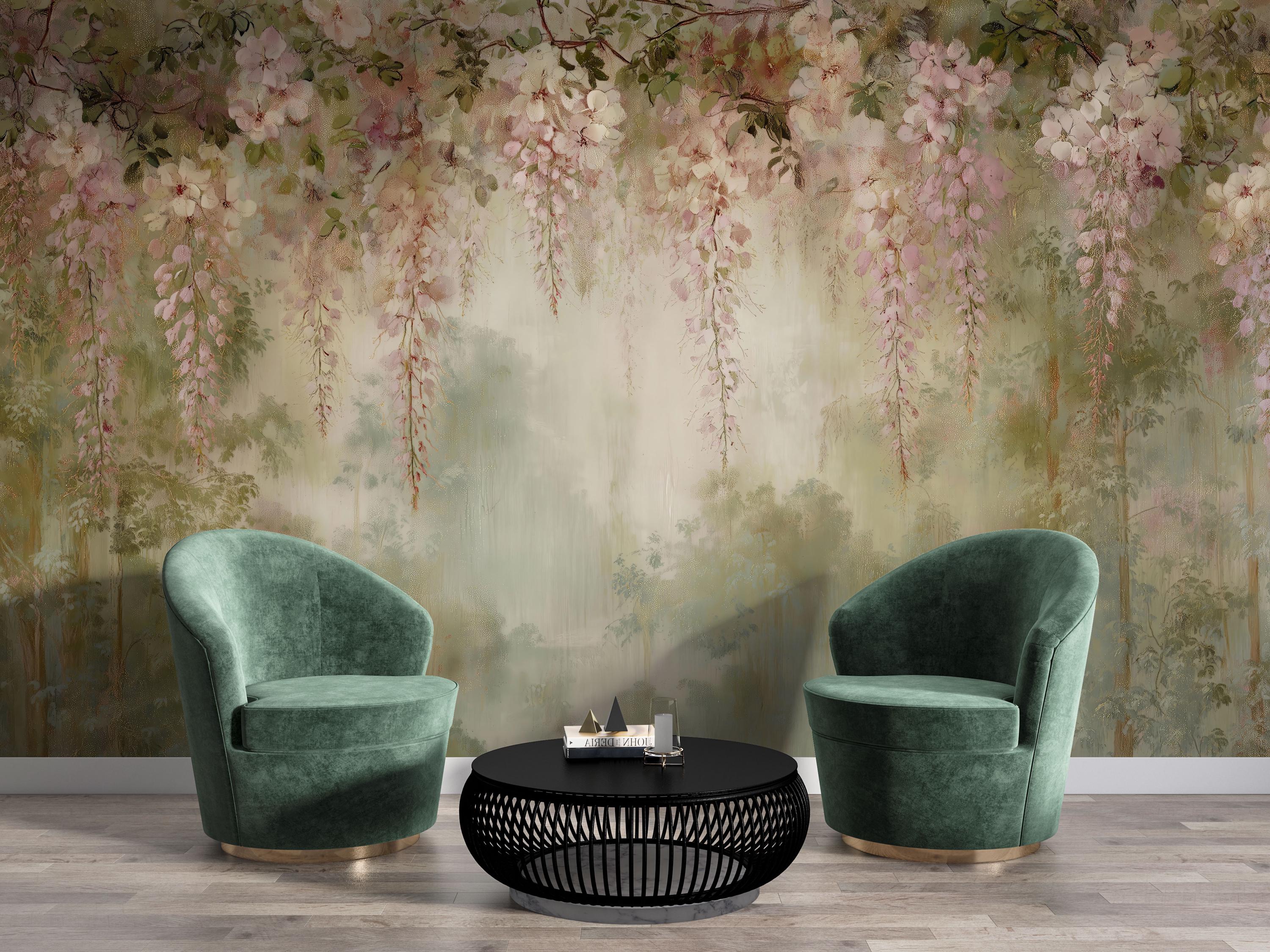 Romantic Pink Blossom Wall Mural – Hanging Floral Branches Wallpaper ...