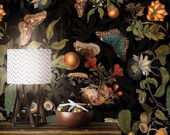 Dark Floral Botanical Wallpaper Mural, Tropical Flowers and Butterflies Wall Decor, Peel and Stick or Vinyl Wallpaper
