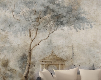 May include: A wall mural featuring a large, textured tree with blue-grey foliage and a classical stone structure with a triangular pediment. The background has a weathered, beige, and mottled finish, with three plain beige throw pillows in front.