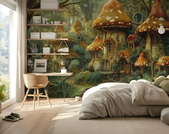 May include: A bedroom featuring a large wall mural depicting a forest scene with oversized mushroom-shaped houses. The room includes a light wood desk, a wooden chair, a bed with neutral bedding, and shelves holding various decorative items.