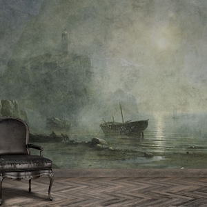 Vintage Seascape Mural Wallpaper – Moody Vikings Style, Peel and Stick