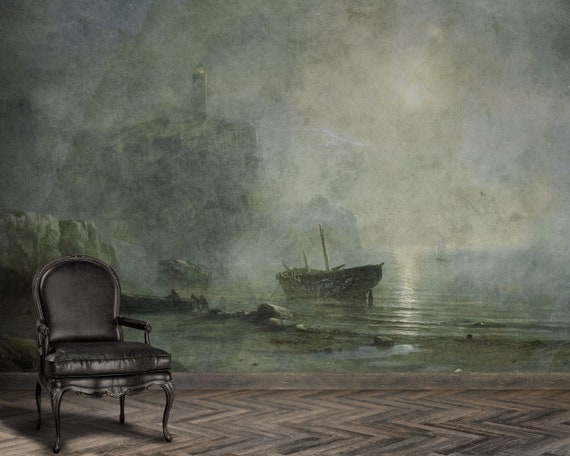 Vintage Seascape Mural Wallpaper – Moody Vikings Style, Peel and Stick
