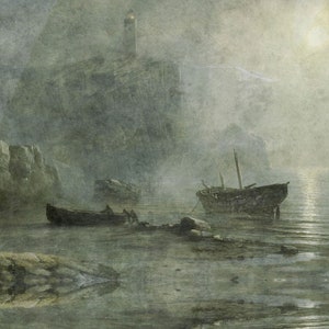 May include: A moody oil painting depicting a coastal scene with a tall lighthouse perched on a rocky cliff. In the foreground, a small rowboat with figures and a larger, weathered wooden ship rest in shallow, misty water under a pale moon.