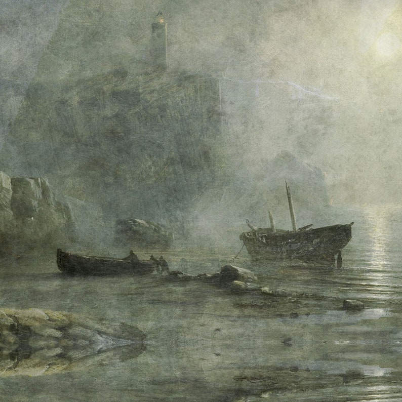 May include: A moody oil painting depicting a coastal scene with a tall lighthouse perched on a rocky cliff. In the foreground, a small rowboat with figures and a larger, weathered wooden ship rest in shallow, misty water under a pale moon.
