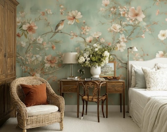 Chinoiserie Blossom Wallpaper Mural – Light Blue Green Tree Branches with Birds & Flowers – Peel and Stick or Vinyl Wall Art.
