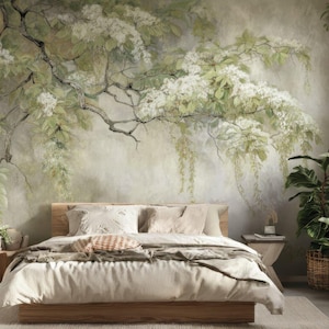 Papier peint mural Soft Blossom Branch – Motifs floraux vert sauge et blanc, fond chaulé neutre, adhésif ou vinyle texturé