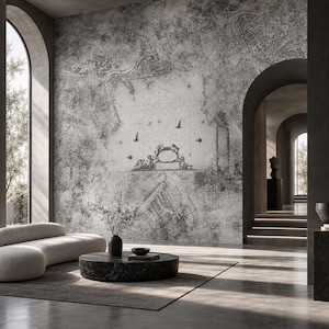 May include: A large-scale wall mural featuring a vintage black and white map design with intricate cartographic details, nautical compass lines, and a central decorative cartouche, covering the entire surface of a textured interior wall.