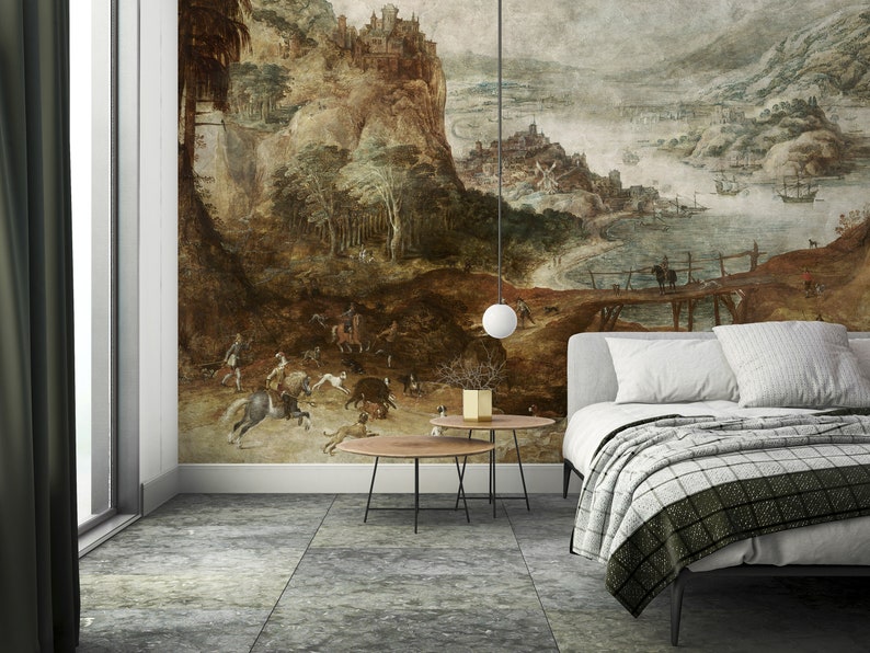 Wall Designs Renaissance Renaissance Hunting Scene Wallpaper Mural – Vinyl or Peel & Stick - Etsy