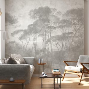 Neutral Landscape Wallpaper Mural: Vintage Italian Pine Trees, Peel & Stick Available