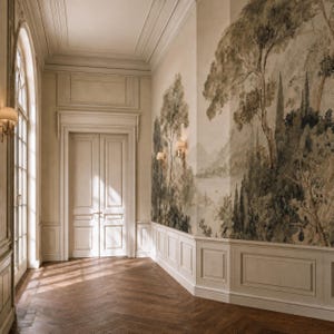 Peut inclure: Un couloir présentant une peinture murale avec un paysage sépia d'arbres et de collines. La partie inférieure du mur est dotée de lambris blancs et le sol est en bois brun foncé disposé en motif à chevrons.