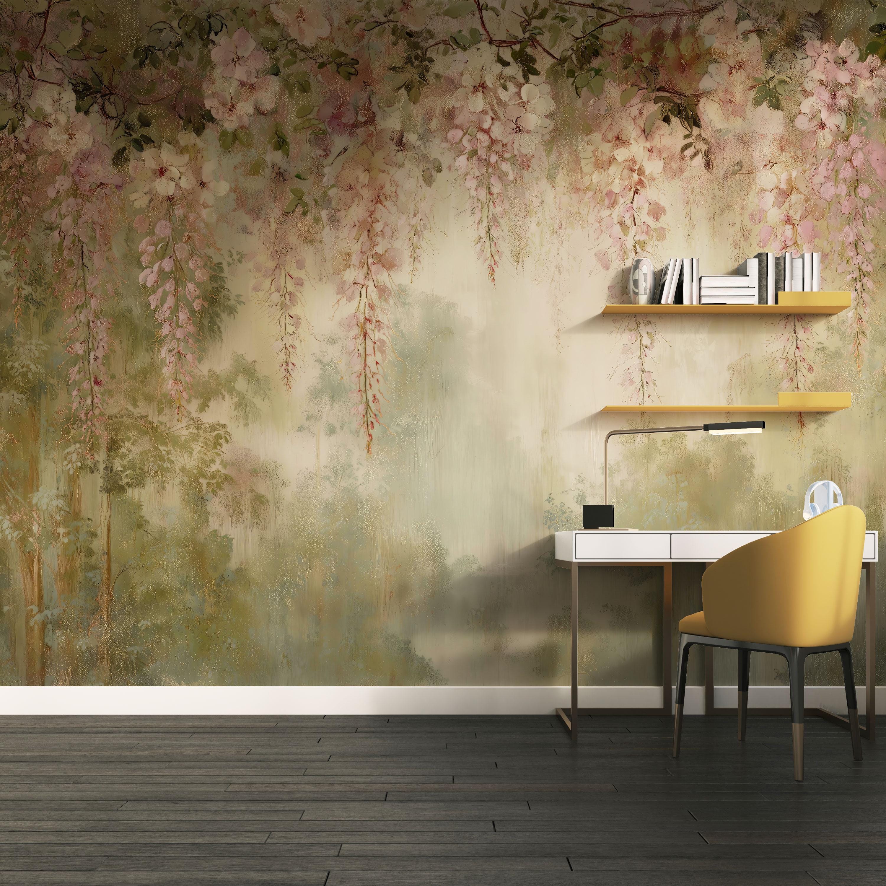 Romantic Pink Blossom Wall Mural – Hanging Floral Branches Wallpaper ...