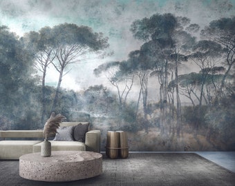 Vintage forest WALLPAPER, Scenic MURAL. Vinyl wallpaper with texture. Trees, italian landscape. Self adhesive, removable wall decor.