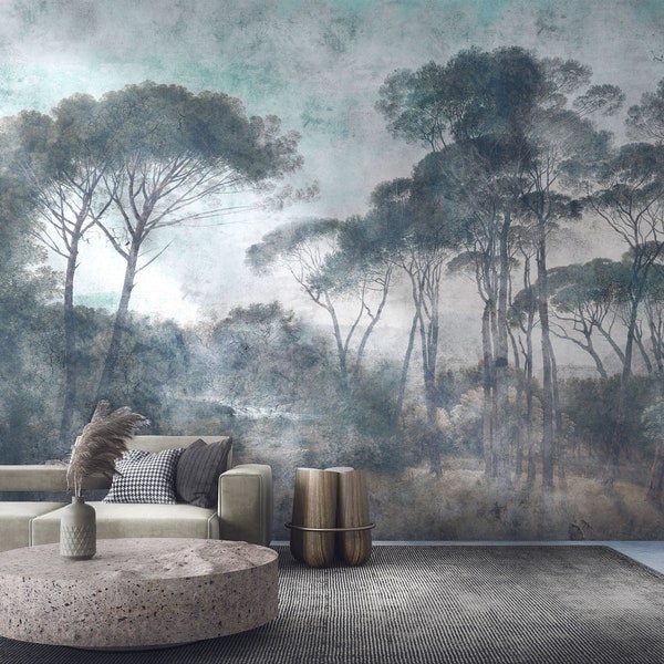 Vintage forest WALLPAPER, Scenic MURAL. Vinyl wallpaper with texture. Trees, italian landscape. Self adhesive, removable wall decor.