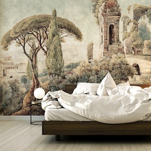 Wall MURAL peel and stick landscape. Trees wallpaper, scenic Vinyl wall art. Secret Garden Watercolor wall. Removable, self-adhesive.