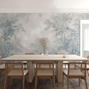 Soft light blue and gray tree mural, woodland wallpaper. Neutral peel and stick or textured regular wall art.