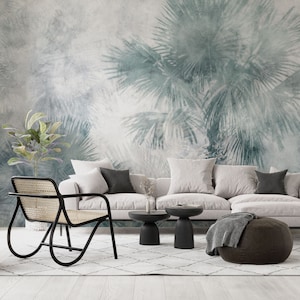 Vintage tropical WALLPAPER, forest MURAL. Vinyl botanical wallpaper. Palms, moody wall print. Self adhesive, removable wall decor.