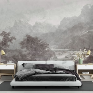 MURAL wallpaper Landscape, Vintage Mountain WALLPAPER.  Vinyl painted wallpaper. Peel and stick,  Self adhesive, removable wall decor.