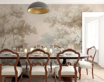 May include: A dining room featuring a long dark wood table surrounded by six wooden chairs with off-white upholstered seats. A large gray dome pendant light with a gold interior hangs above. The wall displays a mural of trees in muted earth tones.