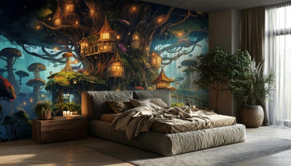 Magic Forest Wallpaper Mural – Storybook Treehouse, Kids Room (Peel & Stick)
