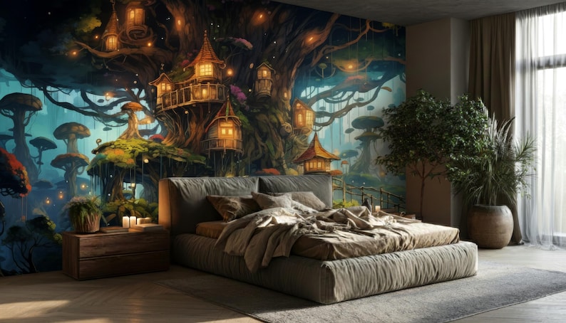 May include: A bedroom featuring a large wall mural of a dark forest with glowing treehouses and giant mushrooms. The room includes a low-profile bed with neutral bedding, a wooden nightstand with small candles, and a potted plant near the window.