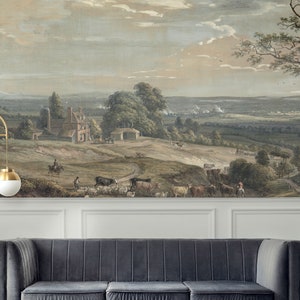 Rural wall MURAL, LANDSCAPE WALLPAPER. Watercolor scenic wall decor. Vinyl regular or peel and stick wallpaper. Removable, countryside.
