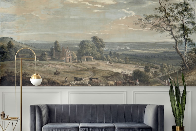Vintage Countryside Wallpaper Mural, Pastoral Landscape, Peel & Stick ...