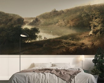 Landscape oil painted wall mural, moody wallpaper. Peel & stick or regular vinyl wallpaper in shades of brown and beige. Wall art.