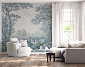 Vintage Blue Forest Wallpaper Mural: Peel and Stick Wall Decor