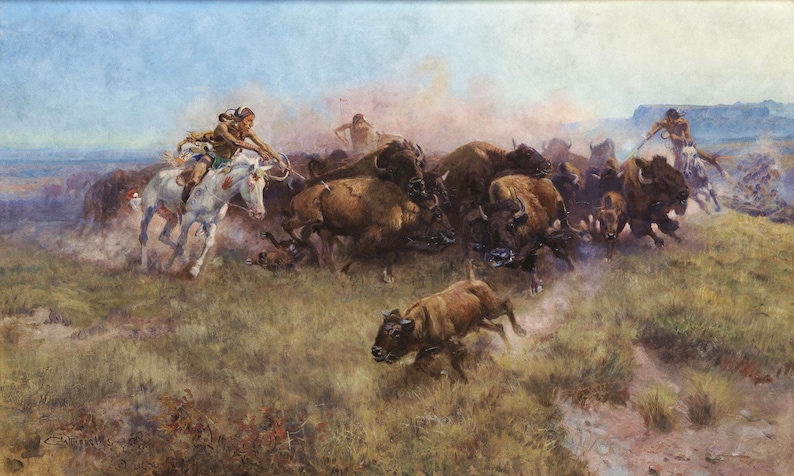 Western Buffalo Hunt Wallpaper Mural: Retro Native American Scene - Etsy